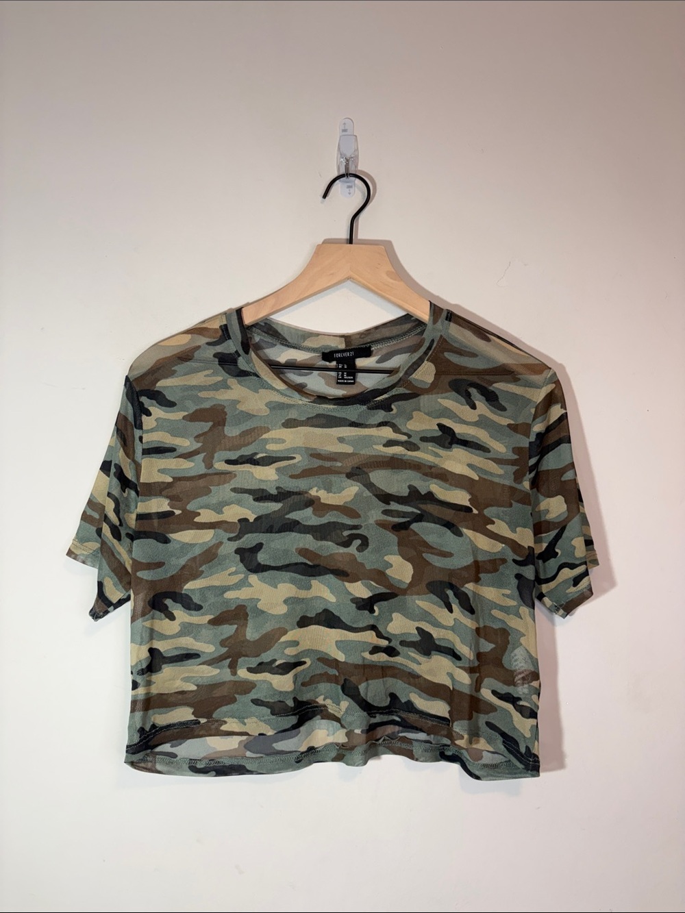 Boxy Cropped Mesh Camo Sheer See Through Party Rave DIY Halloween Costume Tee M